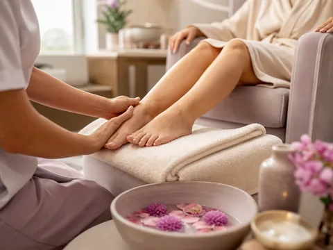 Sfeerbeeld van een voetbehandeling: voetmassage met bloemenvoetbad